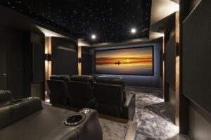 Home cinema seating view from the back of the room.